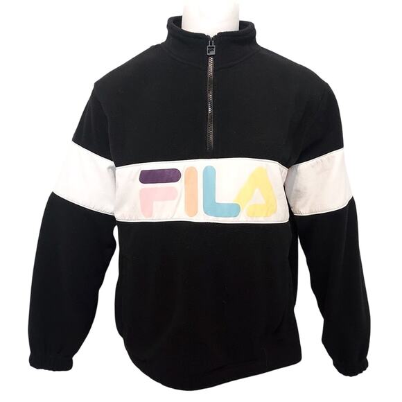 FILA Retro 80's Black Neon Colors White Fleece Quarter Zip Pullover Ski Sweater - Picture 1 of 8